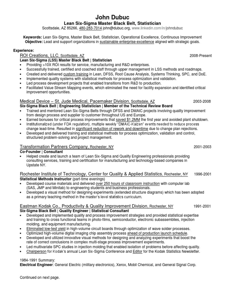 Master Black Belt Statistician in USA Resume John Dubuc Design For