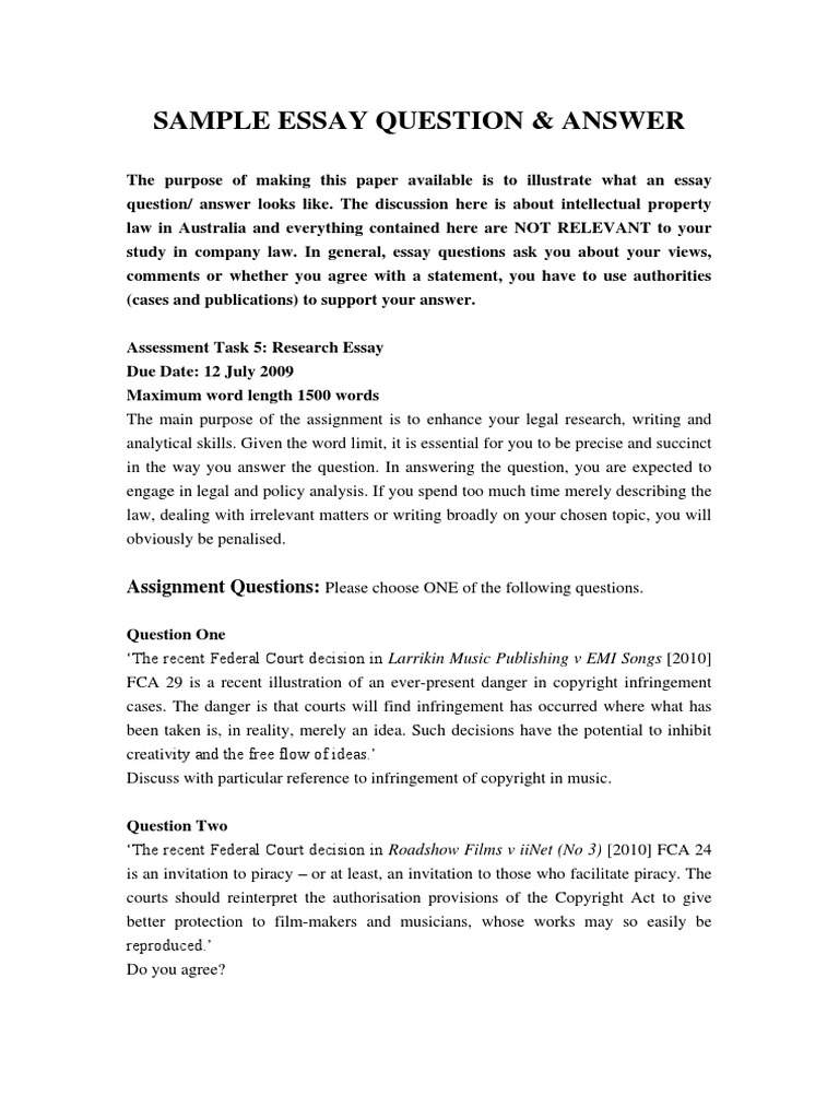 Sample Essay Question PDF Copyright Infringement Copyright