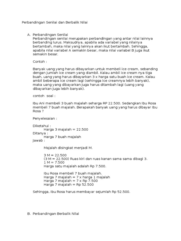 Materi Matematika Kelas 7 Perbandingan Senilai Dan Berbalik Nilai