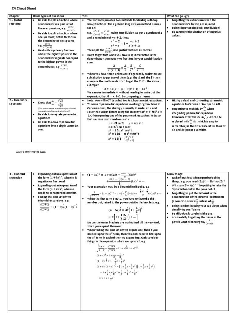 Edexcel C4 Cheat Sheet | PDF | Fraction (Mathematics) | Line (Geometry)