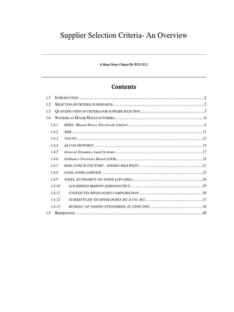 Supplier Selection Criteria Overview Kumars PDF Industries Business