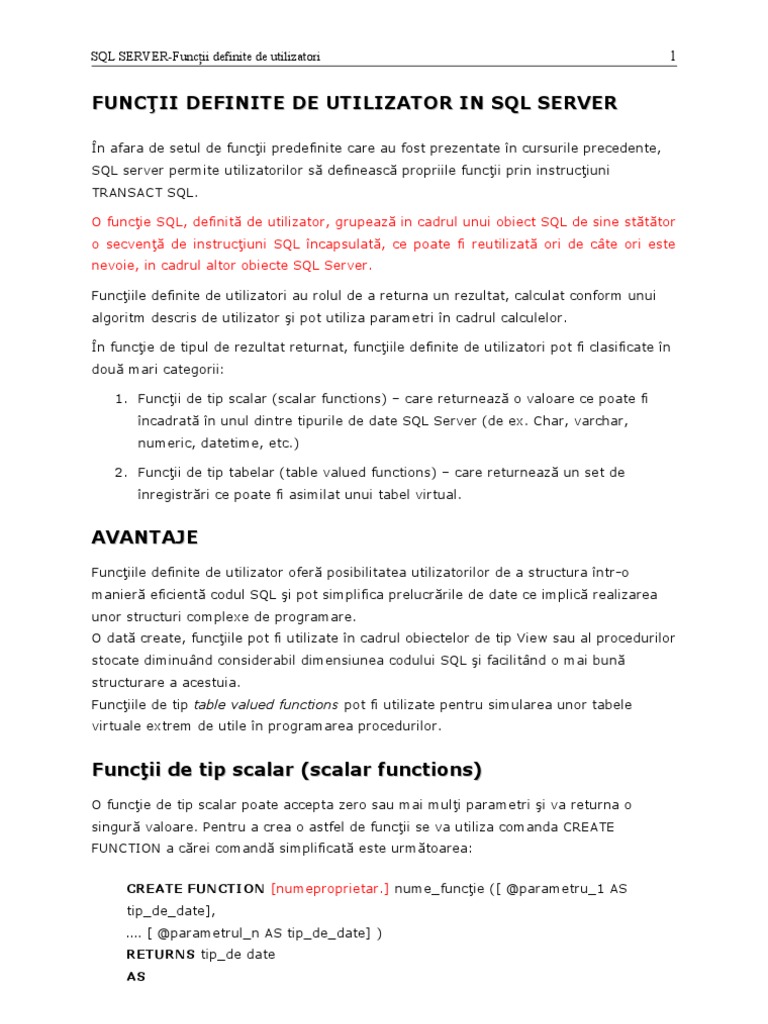 Functii Definite de Utilizator in SQL Server | PDF