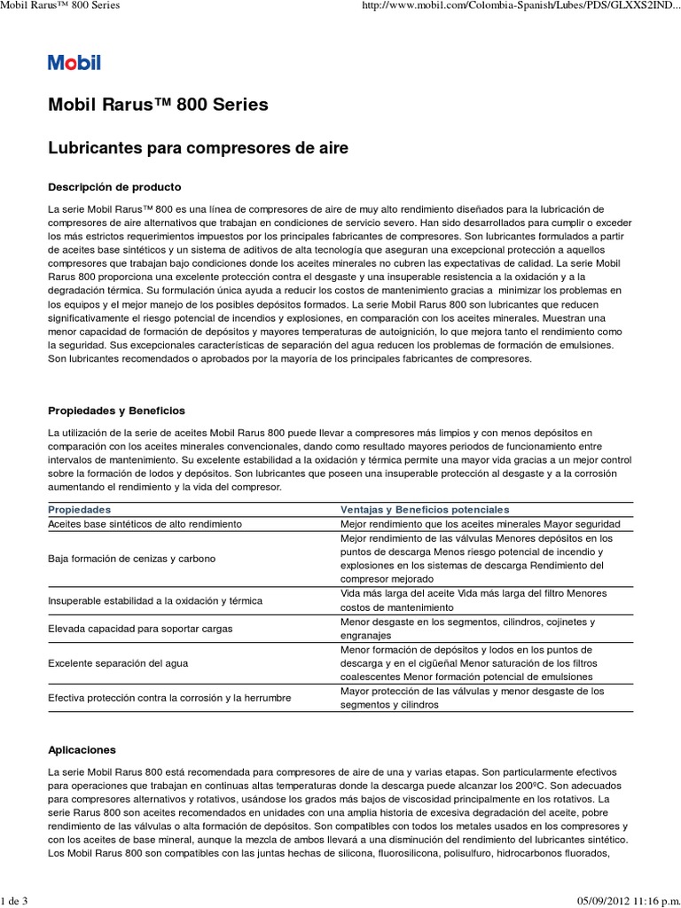 Lubricantes Mobil Rarus 800 para Compresores | PDF | Lubricante | Petróleo