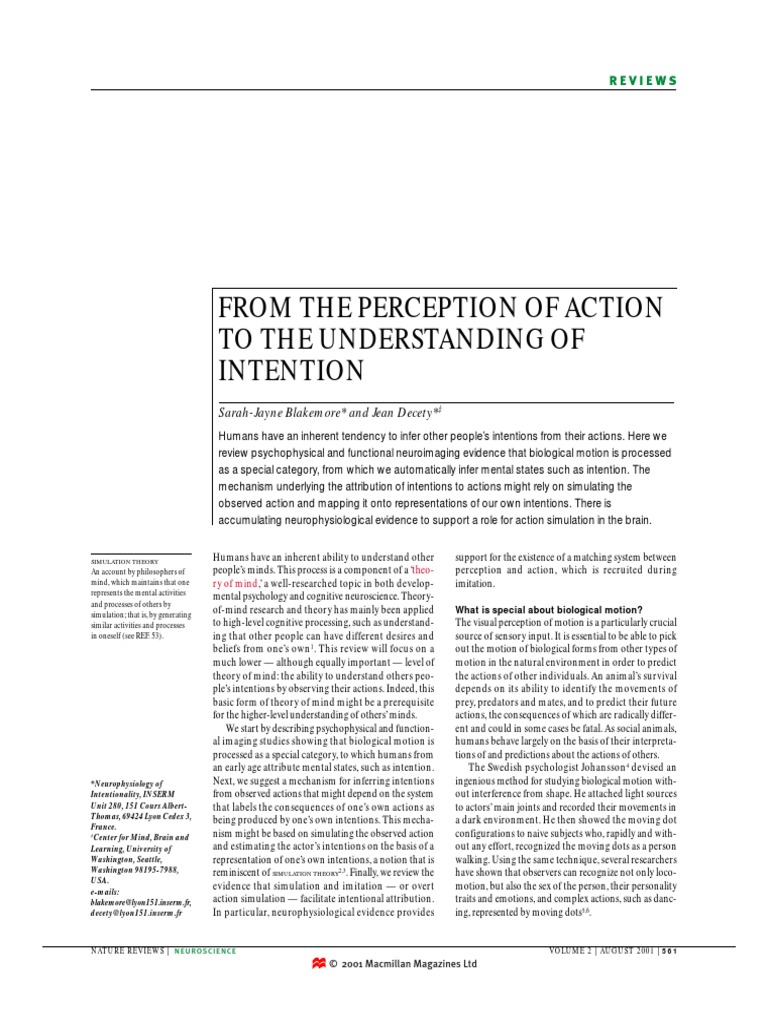 From The Perception of Action To The Understanding of Intention | PDF ...
