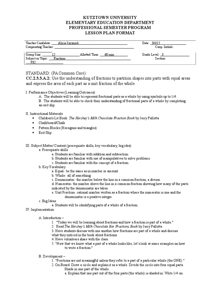 Fractions Lesson Plan 2 | PDF | Fraction (Mathematics) | Teaching