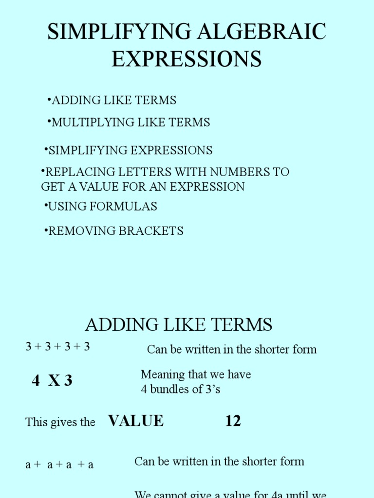 Simplifying Algebraic Expressions | PDF | Multiplication | Numbers