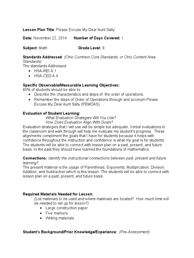 Order of Operations Lesson Plan | PDF | Lesson Plan | Learning