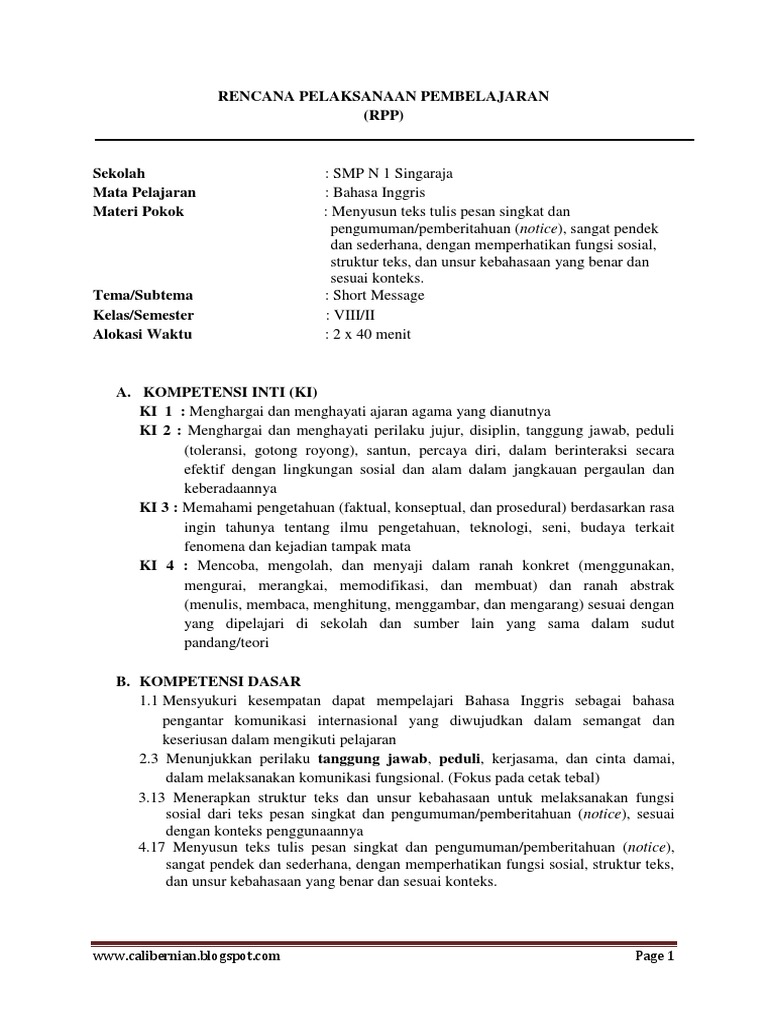 Rpp Bahasa Inggris Kelas 8 Kurikulum 2013 Short Message