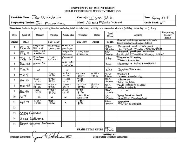 Field Experience Weekly Log Template | PDF