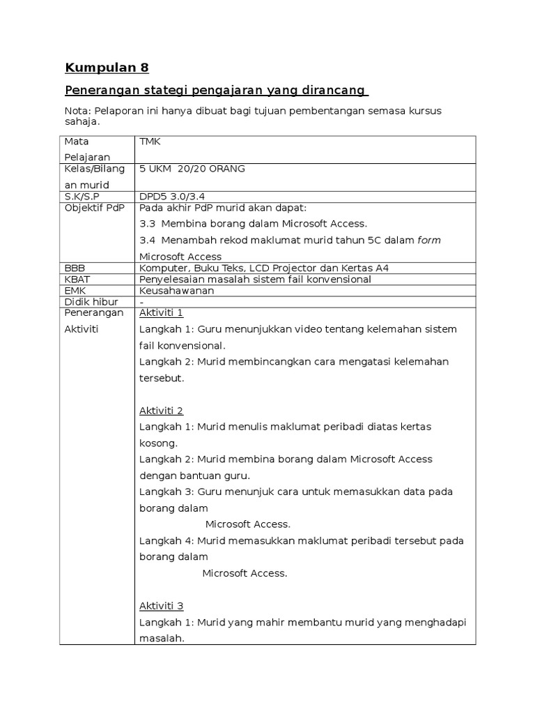 Lesson Plan Tmk Tahun 5 Ms Access Pdf