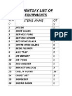 Inventory List of Equipments: Items Name
