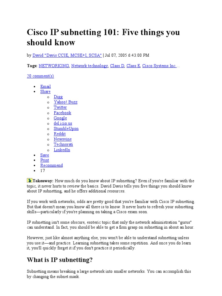 Cisco IP Subnetting Essentials | PDF | Ip Address | Communications ...