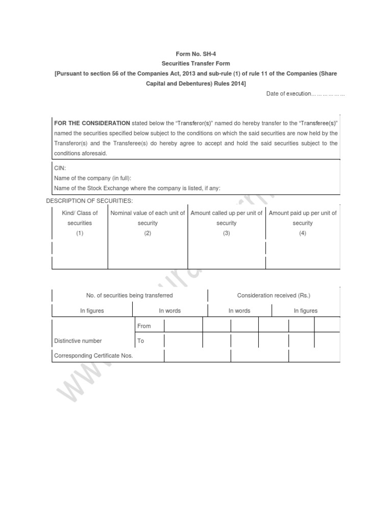 Format Form No. SH4 Securities Transfer Form Securities (Finance