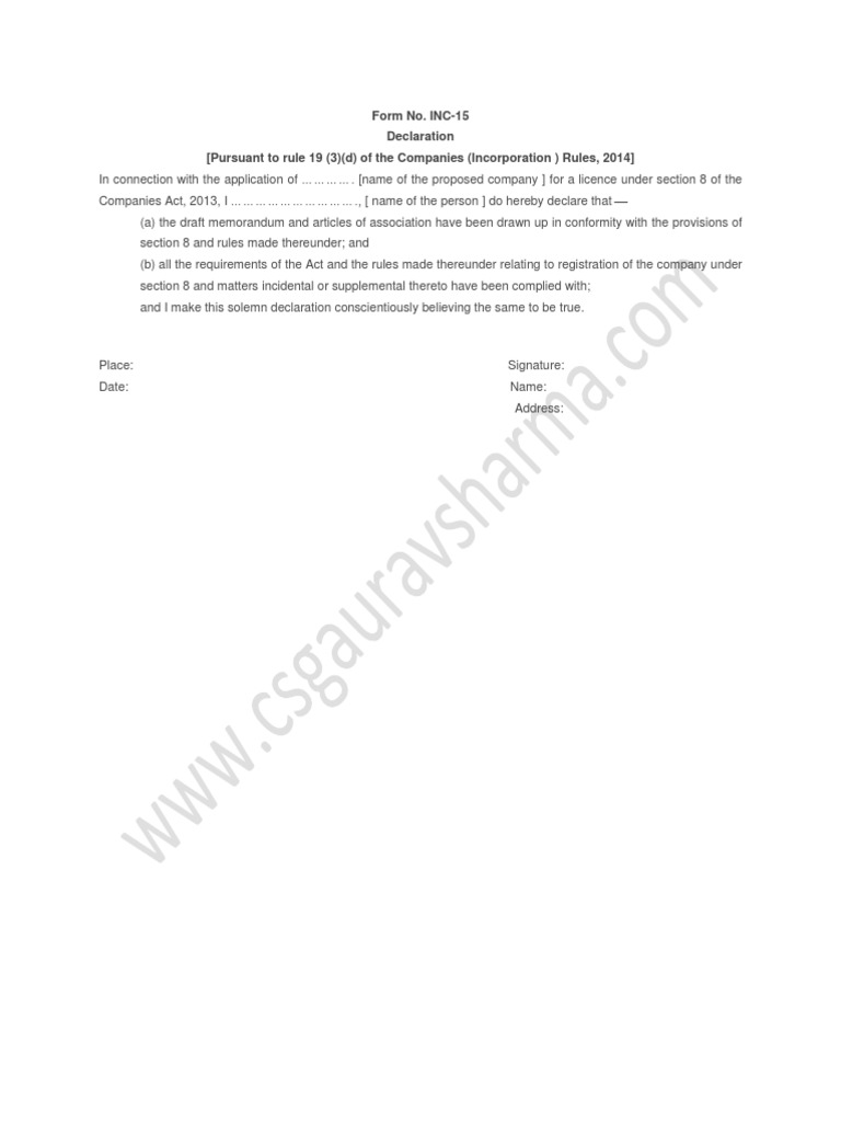 INC-15 Declaration for Section 8 Company | PDF