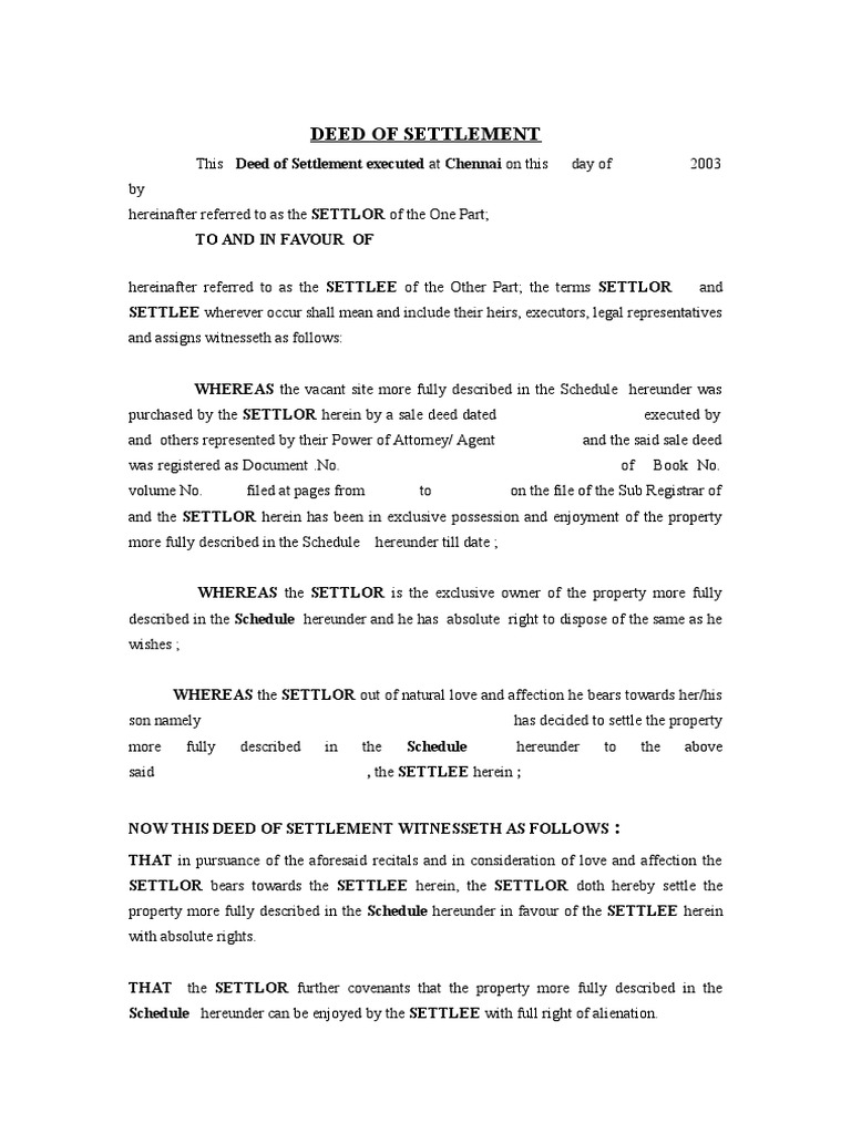 Deed of Settlement PDF Deed Mortgage Law