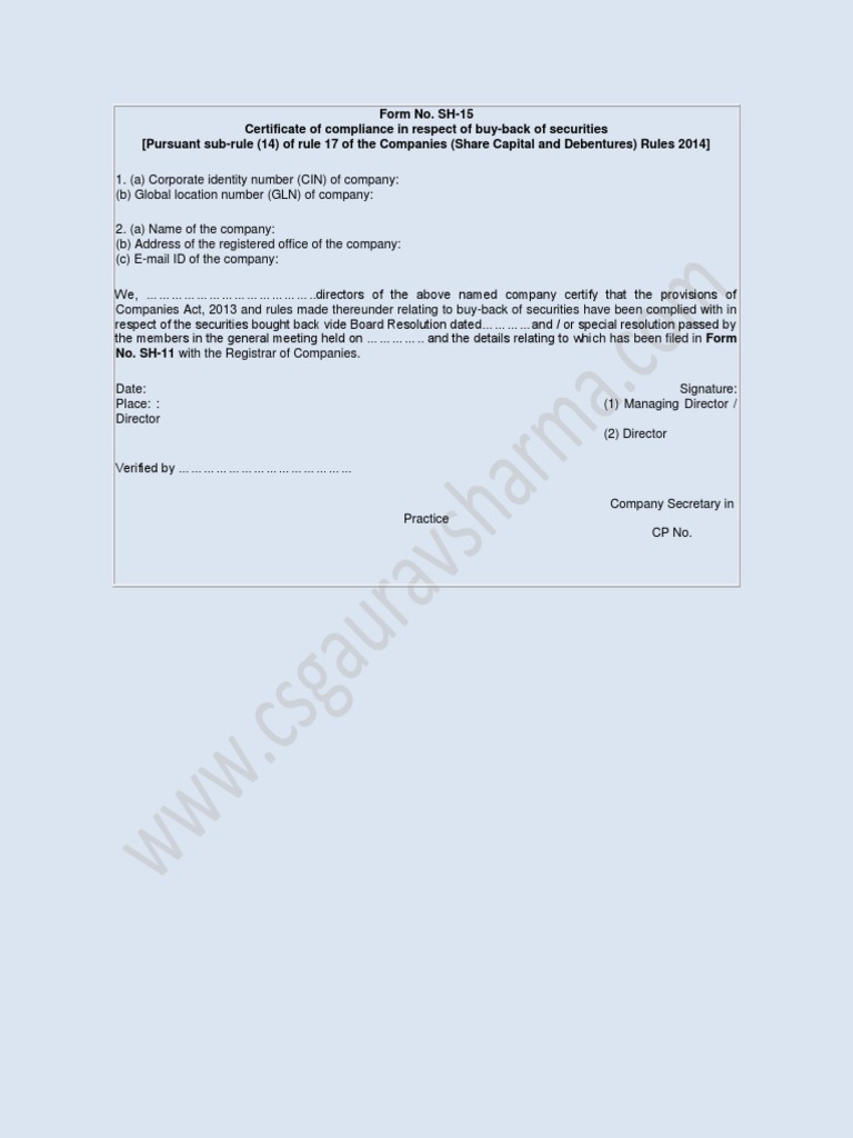 Buy-Back Compliance Certificate Form SH-15 | PDF