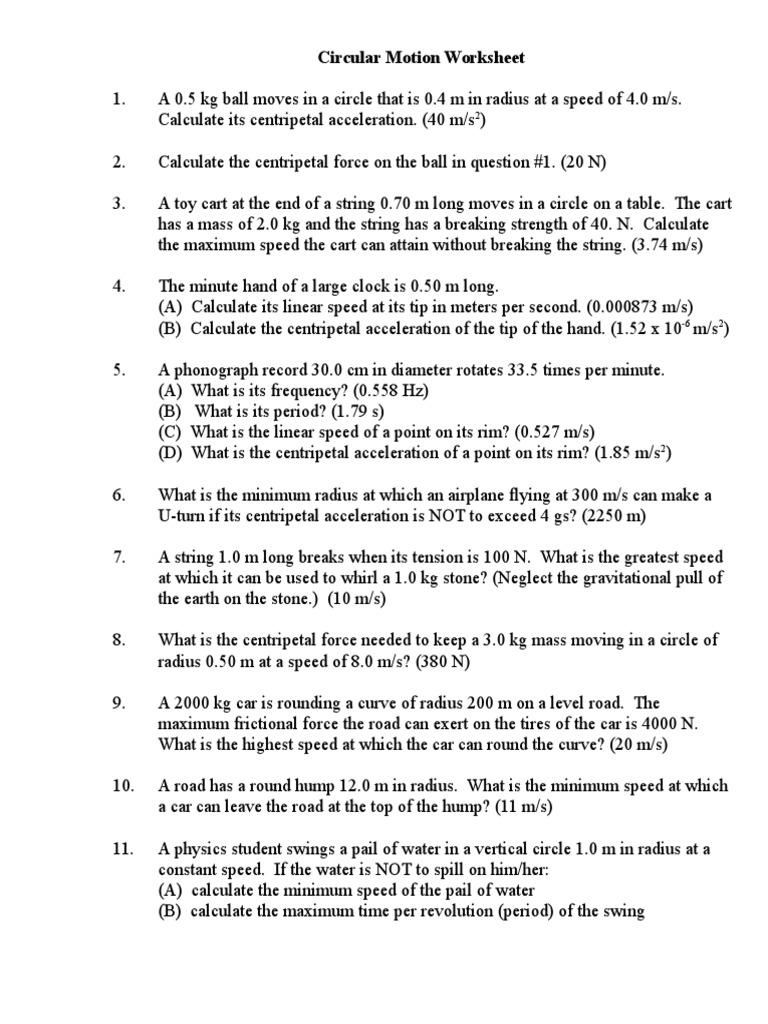 Circular Motion Worksheet PDF Tension (Physics) Acceleration