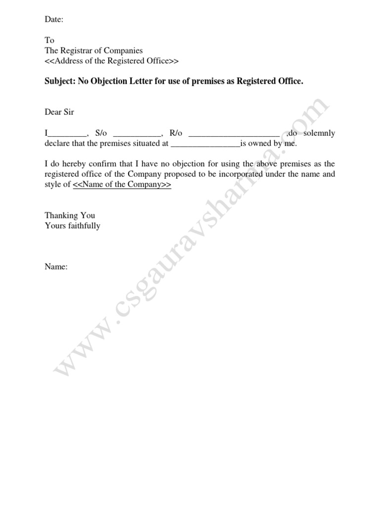 No Objection Letter for Use of Premises as Registered Office.