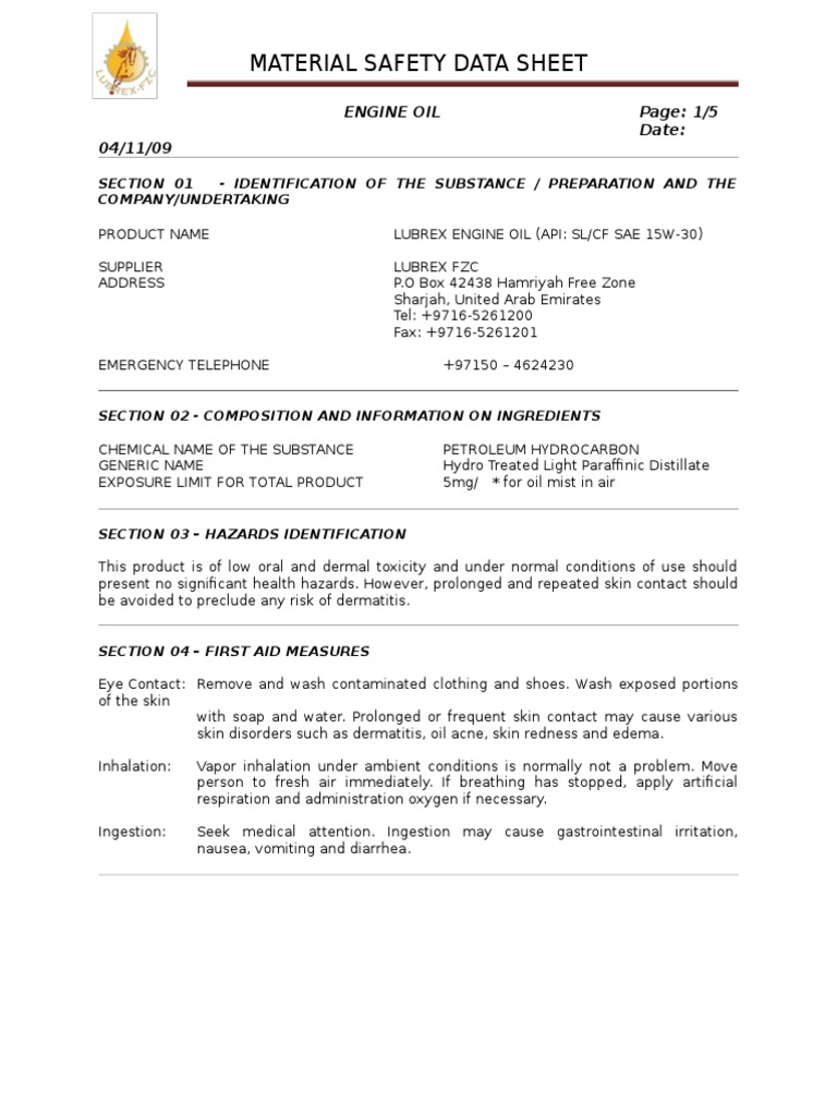Msds Engine Oil API SLCF Sae 15w30 Download Free PDF Motor Oil