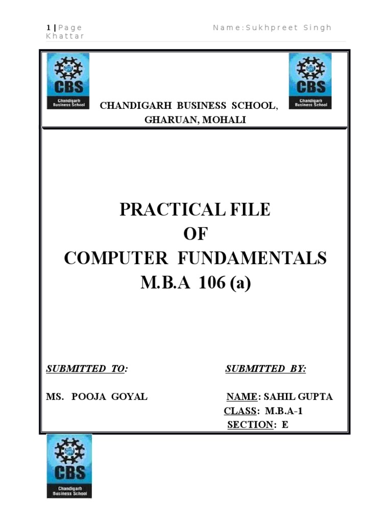 Practical File OF Computer Fundamentals M.B.A 106 (A) : Chandigarh ...