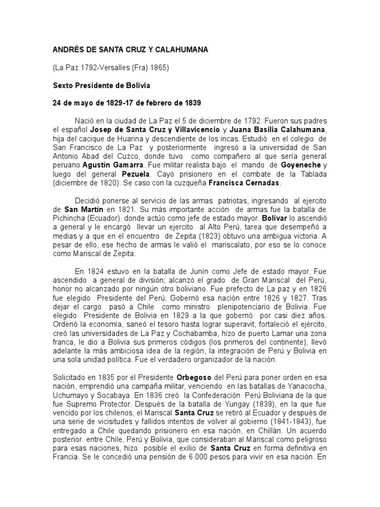 Biografía de Andrés de Santa Cruz | PDF | América del Sur | Conflictos ...
