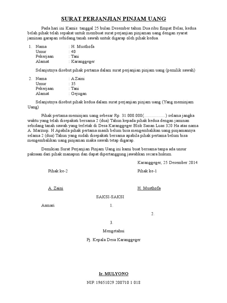 Contoh Format Surat Perjanjian Pinjam Barang