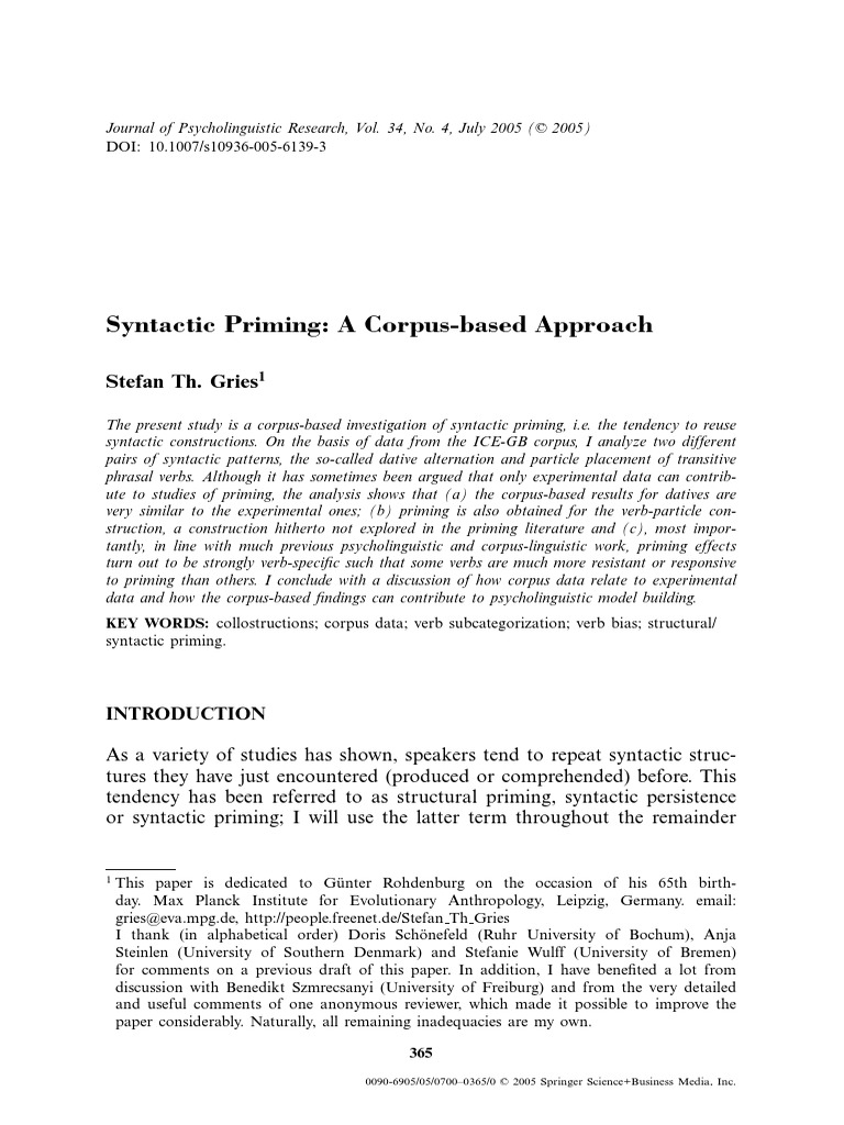 Syntactic Priming Priming (Psychology) English Language