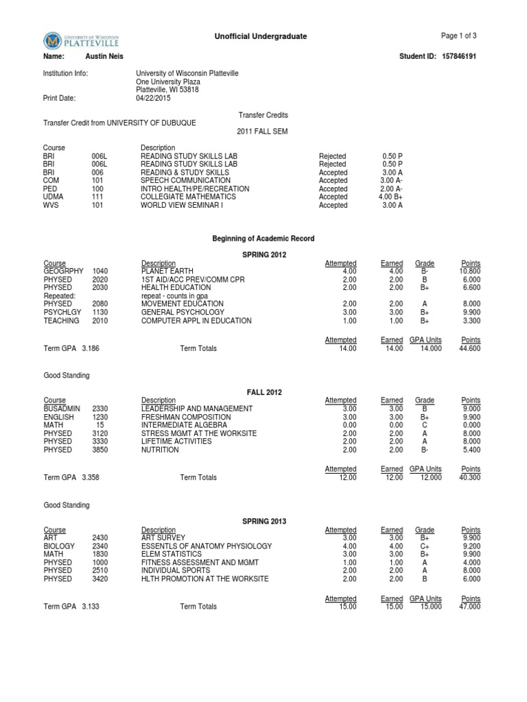 UW Platteville Unofficial Transcript | PDF | Self-Improvement | Wellness