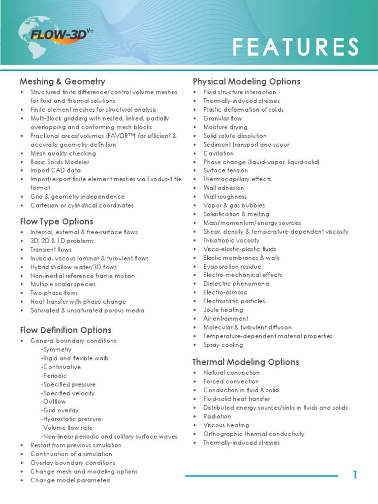 FLOW 3D v11 Features List | PDF | Fluid Dynamics | Viscosity