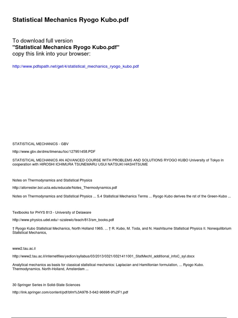 Statistical Mechanics Ryogo Kubo | PDF | Statistical Mechanics ...
