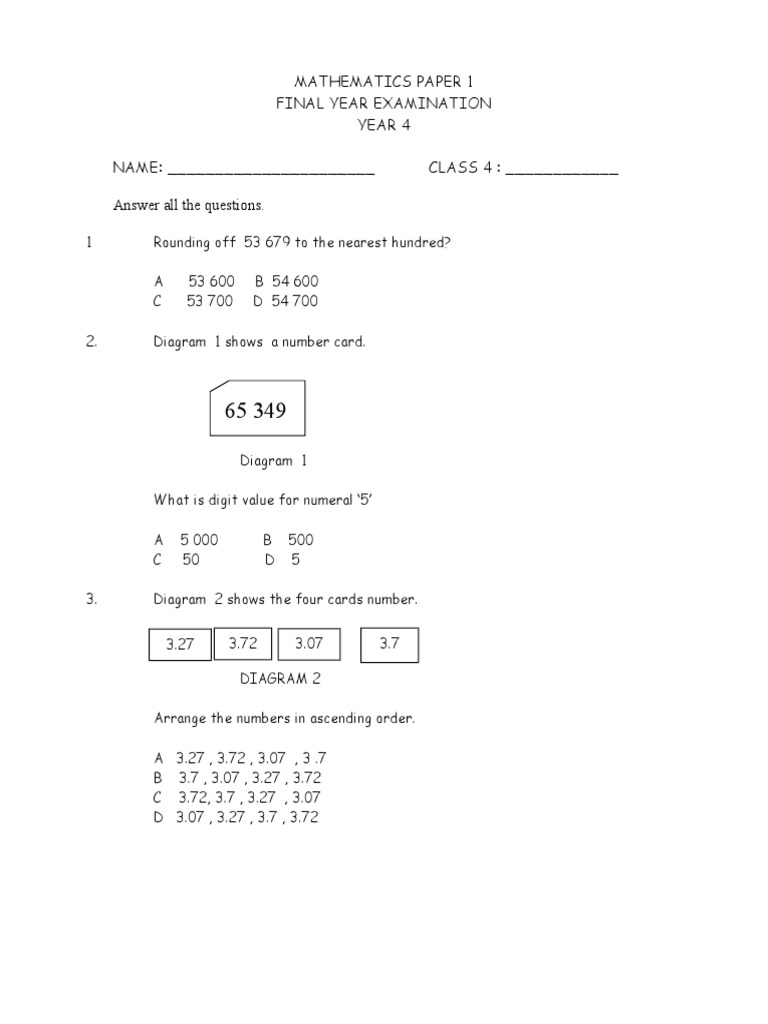 Mathematics Paper 1 Final Year Examination Year 4 NAME: - CLASS 4 ...