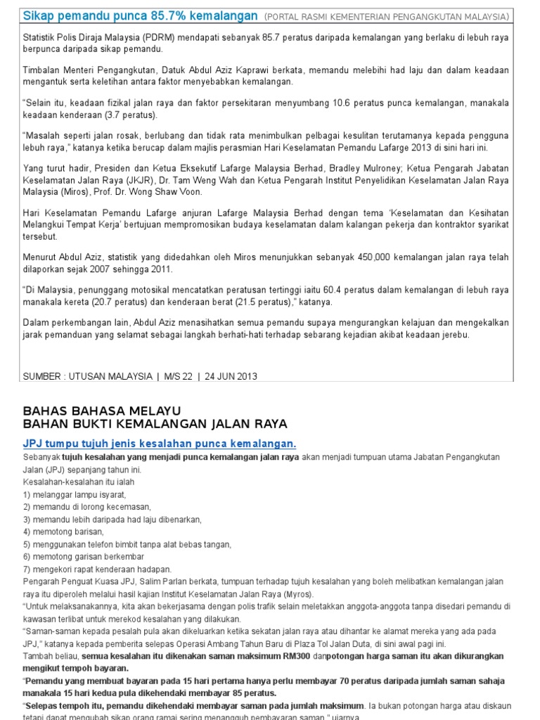 Perbahasan Bahasa Melayu (Kemalangan Jalan Raya)  PDF