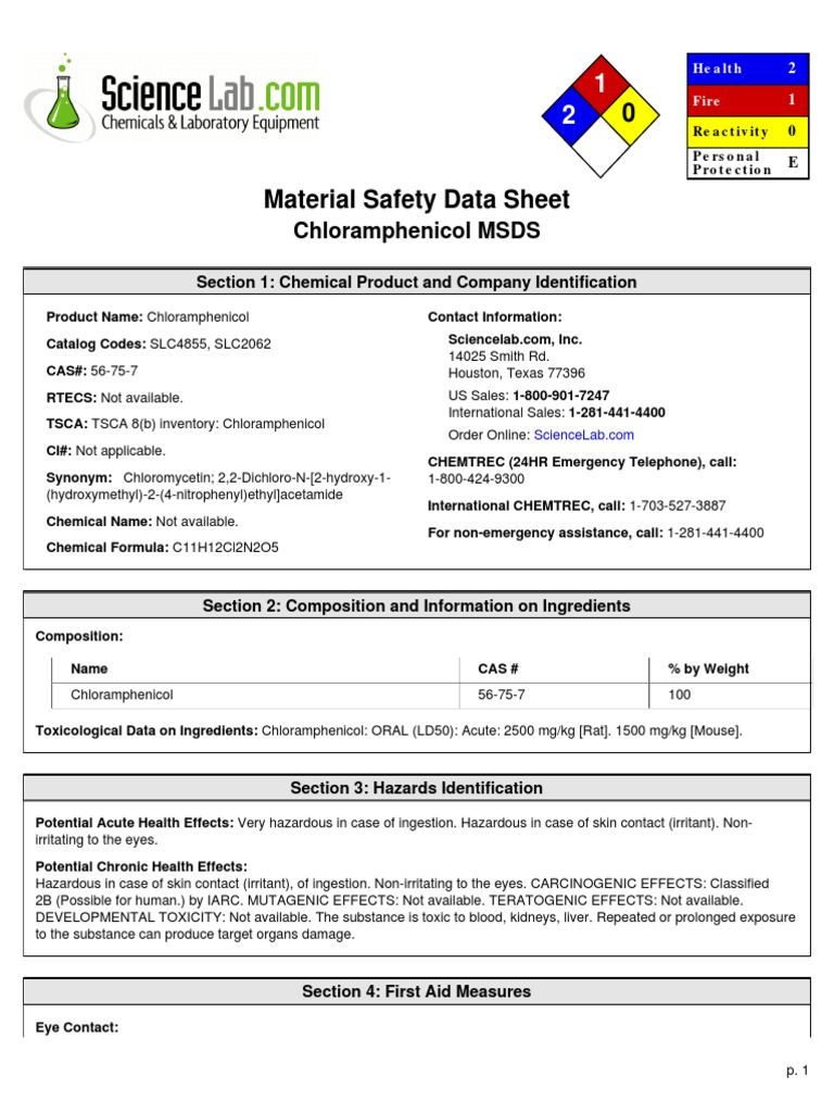 Chloramphenicol MSDS Overview | PDF | Toxicity | Personal Protective ...