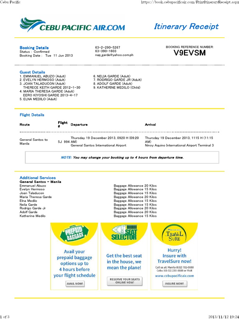 Cebu Pacific Flight Ticket Sample | PDF | Fee | Travel Visa