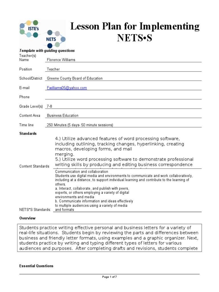 Lesson Plan For Implementing Nets - S: Template With Guiding Questions ...