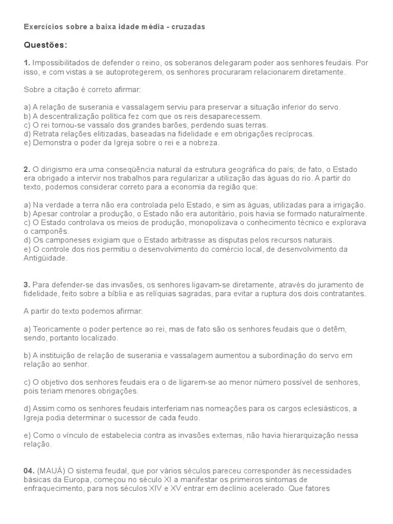 Exercícios Sobre A Baixa Idade Média - Cruzadas | PDF | Feudalismo ...