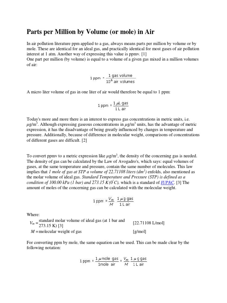 Parts Per Million by Volume PDF Parts Per Notation Gases