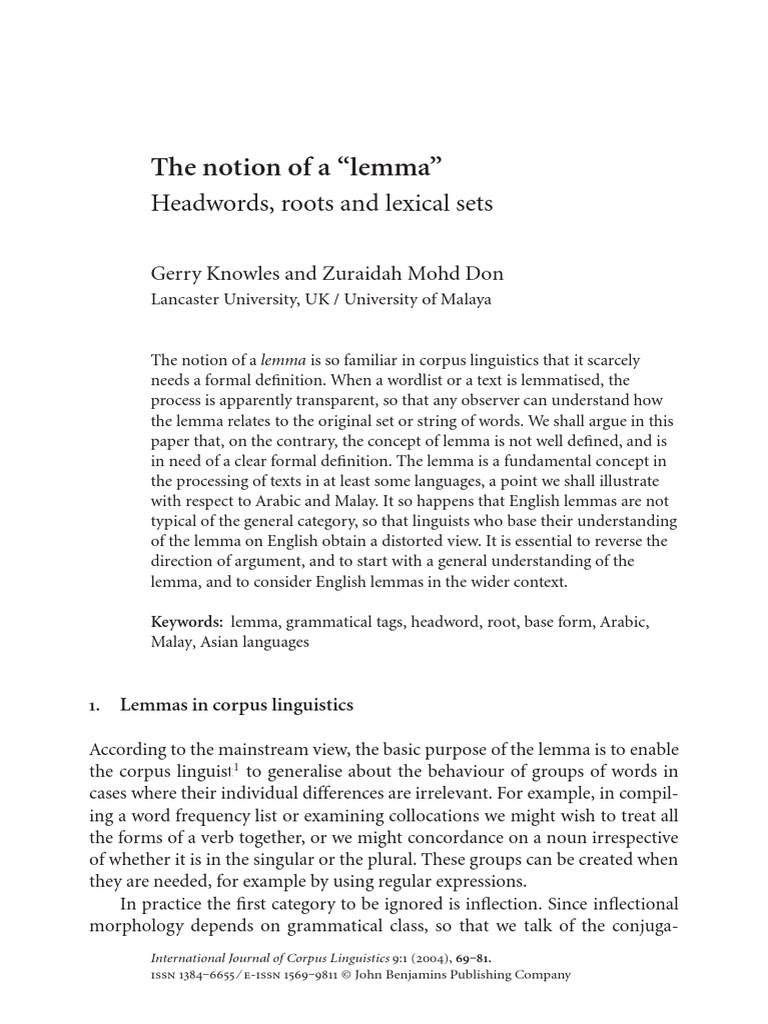 Notion of Lemma Part Of Speech Morphology (Linguistics)