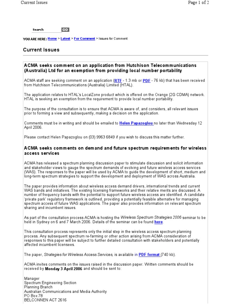 Acma Seeks Comment On An Application From Hutchison Telecommunications Electronics Telecommunications Engineering