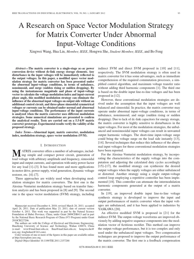 A Research On Space Vector Modulation Strategy For Matrix Converter ...