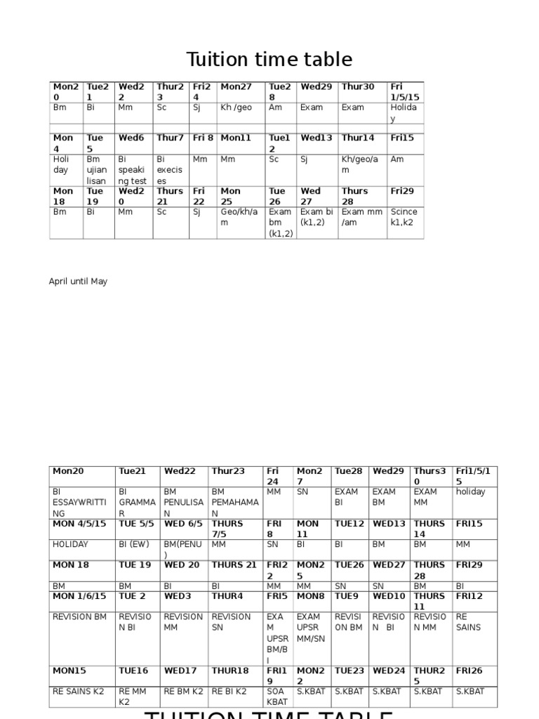 Tuition Time Table: Mon2 0 Tue2 1 Wed2 2 Thur2 3 Fri2 4 Mon27 Tue2 8 ...