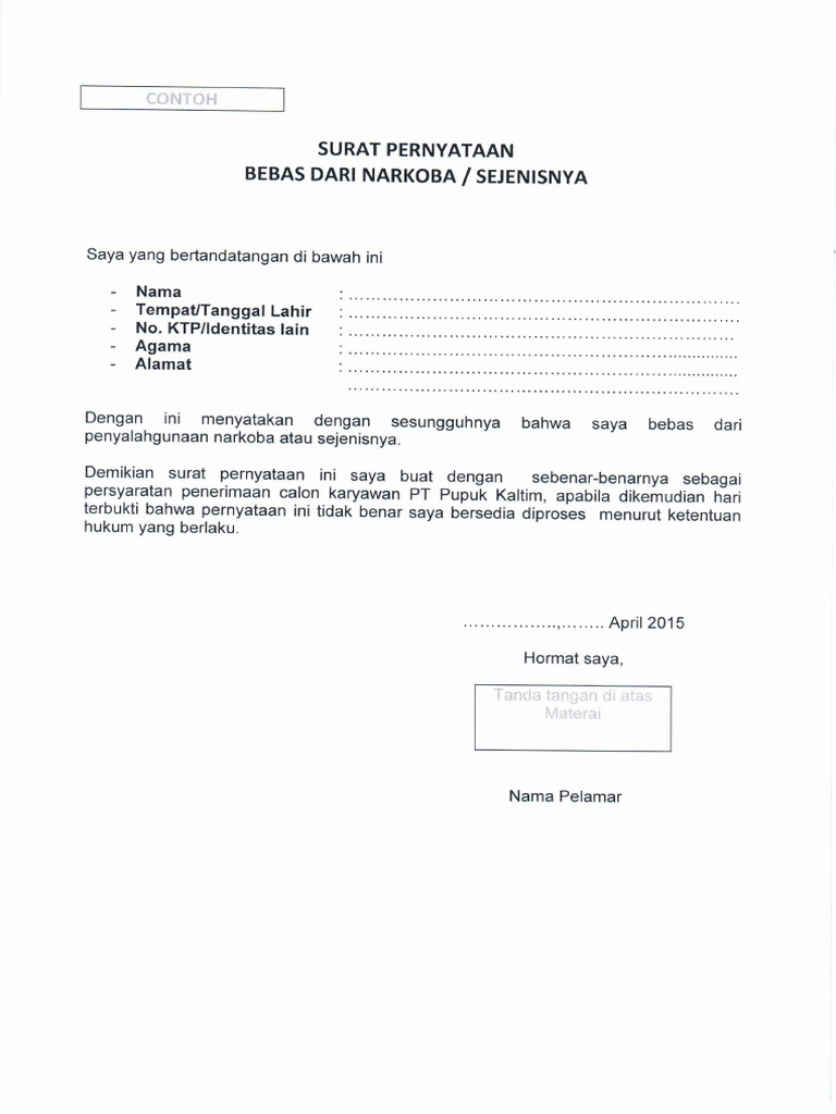 Surat Pernyataan Bebas Narkoba Pdf