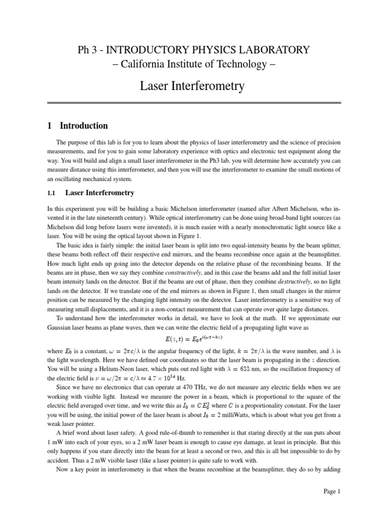 Laser Interferometry Lab Guide | PDF | Interferometry | Amplitude