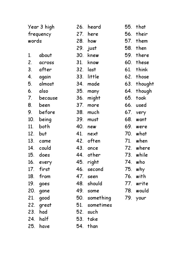 Year 3 High Frequency Words PDF
