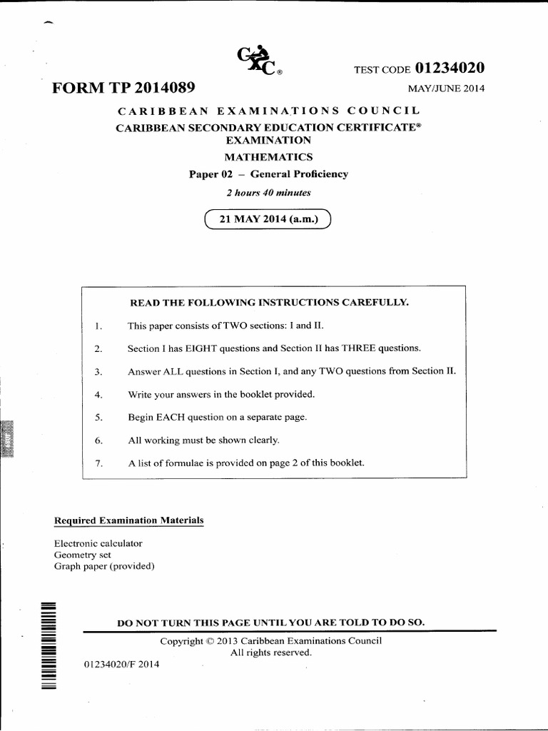 Mathematics May 2014 Cxc Past Paper