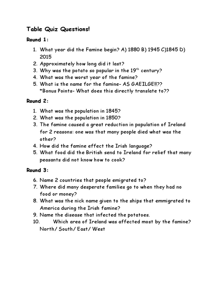 Table Quiz Questions | PDF