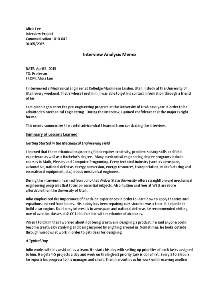 analysis memo Engineer Mechanical Engineering