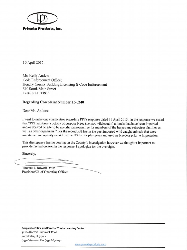 Code enforcement complaint correction Primate Products, Inc