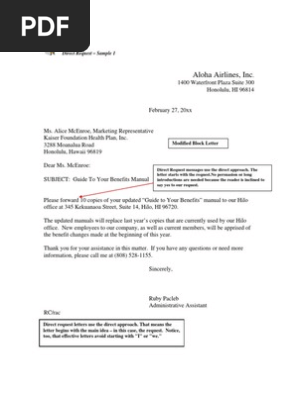 Sample Letter of Direct Request Plan