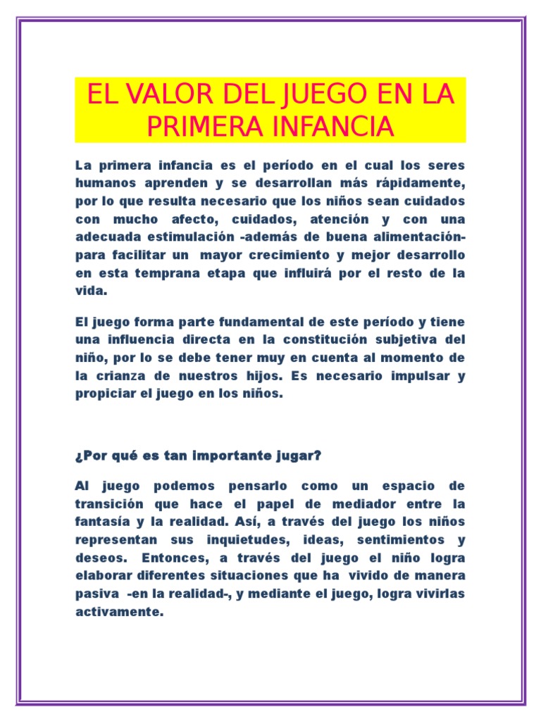 Valor del juego en la primera infancia | PDF | Juguetes | Infancia